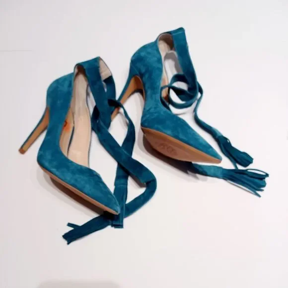 Vince Camuto Blue Suede Ankle Wrap Heels Size 7 - Picture 3 of 7